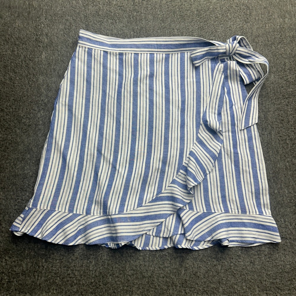Loft Skirt Wrap 12 White Blue Front Mock Ruffled Linen Blend Casual Boho Womens